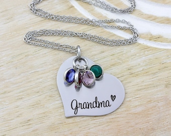 Engraved Heart Name Necklace, Family Birthstone Grandma Gift