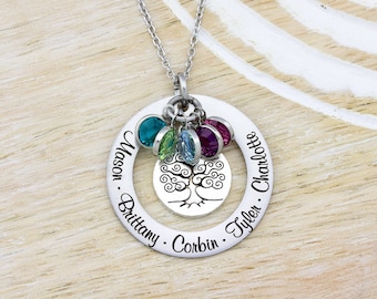 Circle Name Necklace, Family Tree Necklace, Kids Name Necklace, Family Birthstone Necklace, Mothers Day Gift, Mom Gift