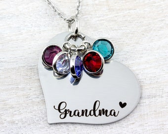 Personalized Grandma Birthstone Necklace, Custom Engraved Heart Necklace, Personalized Gift, Grandma Gift, Mothers Day Gift