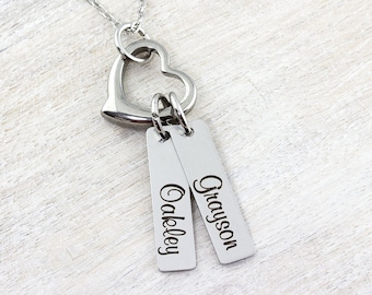 Engraved Kids Name Bar Necklace: Stainless Steel Personalized Mom Gift