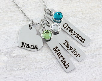 Nana Necklace, Family Name Necklace, Grandma Necklace, Engraved Necklace, Family Birthstone Necklace, Grandma Gift, Mothers Day Necklace,