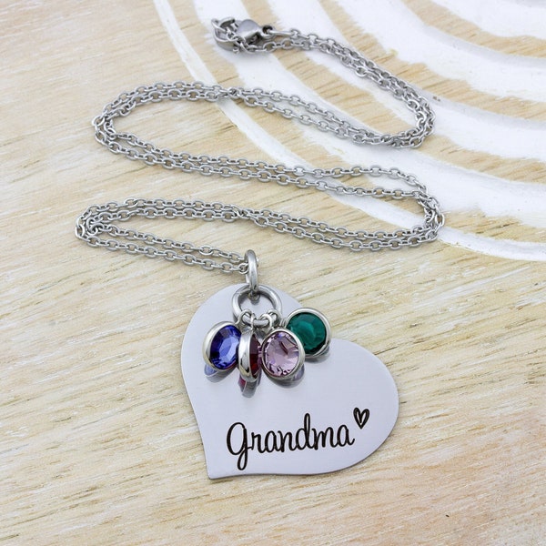 Grandma Necklace, Birthstone Necklace, Heart Name Necklace, Engraved Necklace, Personalized Gift, Mothers Day Gift, Grandma Gift