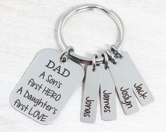 Engraved Key Chain, Dad Gift, Personalized Gift, Fathers Day Gift, A Sons First Hero, A Daughters First Love, Kids Name Tag