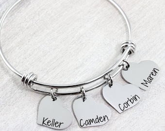 Personalized Bracelet Custom Engraved with Kids Names, Heart Bracelet Birthday Gift for Mom