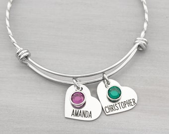 Personalized Heart Bangle Bracelet Gift for Mom - Kids Name Bracelet - Heart Charm Bracelet Personalized Birthday Gift for Grandmother