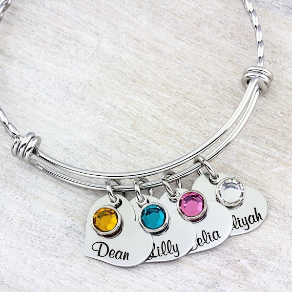 Engraved Heart Mom Bracelet: Custom Name Birthstone Family
