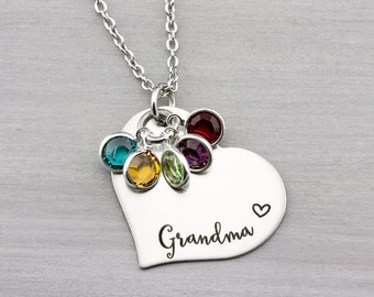 Personalized Grandma Birthstone Necklace - Personalized Jewelry - Engraved Heart Necklace with Birthstones - Mom Grandmother Christmas Gift