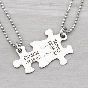 Personalized Puzzle Necklace His and Her Puzzle Piece Necklace Set Anniversary Gift Wedding Gift Puzzle Keychain Gift for Couples image 1