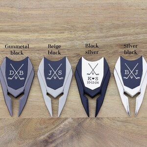 This image show the color options for the divot tools. Gunmetal/black, beige/black, black/silver and silver/black.