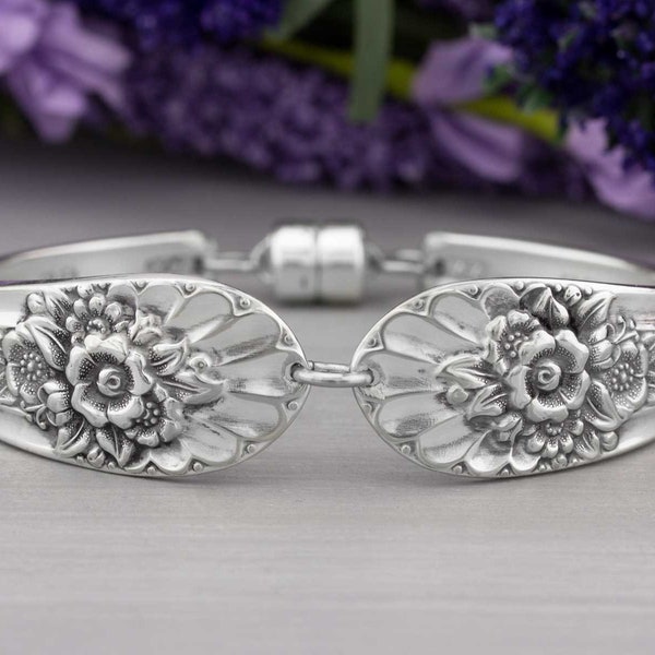 Spoon Bracelet: Jubilee 1953 Silverware Jewelry Floral Pattern, Handmade