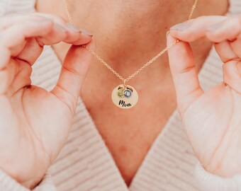 Engraved Gold Mama Necklace: Personalized Birthstone Charm Jewelry