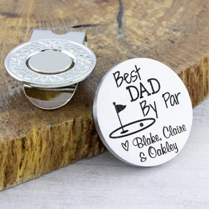 Best Dad By Par Personalized Golf Ball Marker Magnetic Hat Clip Custom Engraved Kids Names, Dad Birthday Gift