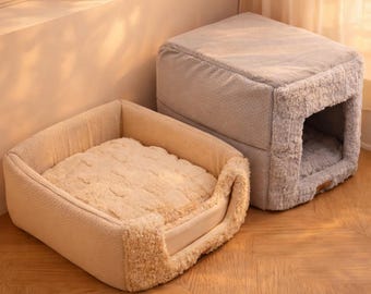 Winter kattengrotbed – zachte pluche huisdiertent met afneembaar kussen, opvouwbaar en wasbaar gezellig kattenhuis voor binnenkatten