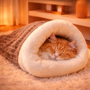 Pode incluir: Um gato tigrado laranja dormindo dentro de uma cama macia, bege e marrom para gatos. A cama tem um design aconchegante e fechado com um interior de pelúcia e acolchoado. O gato está enroscado, parecendo relaxado e confortável.