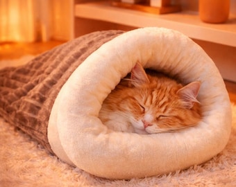 Self Warming Cat Sleeping Bag – Cozy Semi Enclosed Cat Cave, Winter Thermal Cat Nest for Indoor Cats