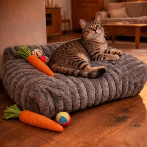 May include: A gray, plush cat bed with a striped cat resting on it. Two orange carrot-shaped cat toys and a small ball are on the bed. The cat is looking up. The bed has a textured, ribbed design.