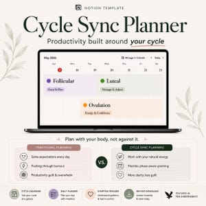 May include: A digital Notion template for cycle syncing, shown on a laptop screen. The design features a calendar view with phases like Follicular, Luteal, and Ovulation. The text reads "Cycle Sync Planner" and "Productivity built around your cycle."