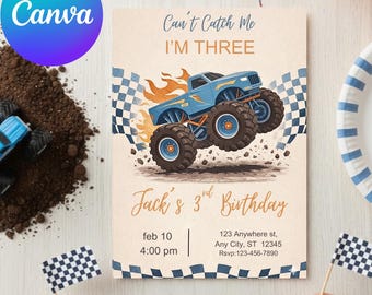 Cant Catch Me Im drei Geburtstagseinladung, Monster-Truck-Party, Junge 3.Geburtstag, blaues Rennauto-Thema, Zielflagge, bearbeitbare Leinwand