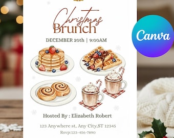 May include: A white invitation for a Christmas Brunch, featuring illustrations of pancakes, waffles, cinnamon rolls, and hot chocolate. The invitation includes the text "Christmas Brunch" and event details. The Canva logo is visible.