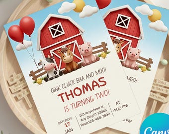 May include: Two birthday invitations with a farmyard theme. Each card shows a red barn, farm animals, and balloons. The text reads "OINK CLUCK BAA AND MOO! THOMAS IS TURNING TWO!" with date, time, and RSVP details.