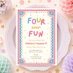 May include: A rectangular birthday invitation card with a cream background, featuring a pink scalloped border and blue decorative corners. The text reads Four ever FUN, Join us for whimsy & fun!, SOPHIA IS TURNING 4!, Sunday | July 19th | 2:00 pm, 123 ANYWHERE ST. ANY CITY, ST 12345, RSVP TO SOPHIA'S AT 123 456 7890.