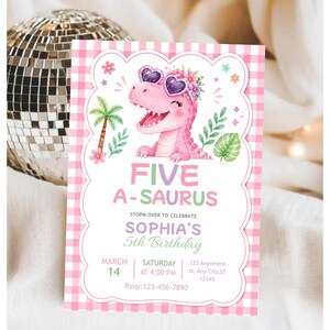 Cinq modèles modifiables d'invitation d'anniversaire A Saurus, invitation d'anniversaire dinosaure rose, anniversaire T-rex, fête Dino, 5e anniversaire
