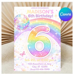 May include: A colorful birthday invitation with the text "MADISON'S 6th Birthday!" features a large, glittery number six, a disco ball, and a rainbow. The invitation includes the date, time, and RSVP information.