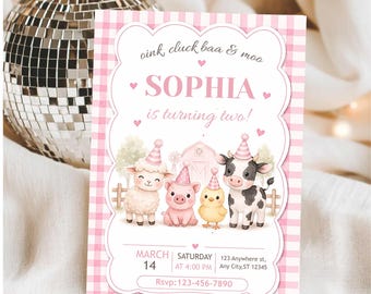Oink Cluck Baa Moo Birthday Invitation, Pink Farm 2nd Birthday Invitation , Pink Gingham Girl Party, Girl Barnyard Party Animal Invite Canva