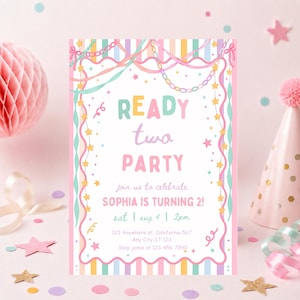Puede incluir: Una tarjeta de invitación rectangular con un centro blanco y bordes de rayas pastel. El texto dice READY two PARTY, join us to celebrate SOPHIA IS TURNING 2!, sat | aug 4 | 2pm, 123 Anywhere st, Caleifornia 567, Any City, ST 123.