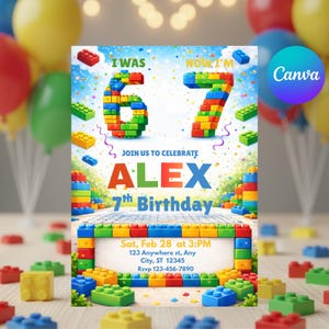 Può includere: Un invito di compleanno colorato con il testo "I WAS 6, NOW I'M 7" fatto con mattoncini. L'invito dice "Join us to celebrate ALEX 7th Birthday" con i dettagli dell'evento. Il design include mattoncini e uno sfondo di cielo blu.
