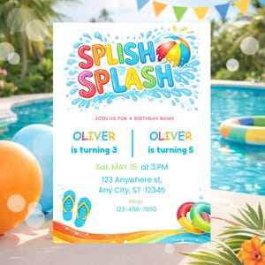 May include: A vibrant birthday party invitation with the words "SPLISH SPLASH" in bold, colourful letters. The invitation includes details for a birthday bash, featuring a beach ball, water splashes, and a rainbow design.