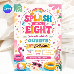 Può includere: Un invito di compleanno colorato con il testo "SPLASH INTO EIGHT" e "Join us to celebrate OLIVER'S 8th Birthday!". Il design include un galleggiante a forma di fenicottero, un pallone da spiaggia, occhiali da sole e una bevanda tropicale. Sono inclusi anche data e ora.