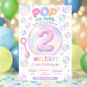 Redigerbar pastellfärgad pop-on bubbelfödelsedagsinbjudan, bubbelfest 2-årsdagsinbjudan, flickas 2-årsfest, Canva-mall
