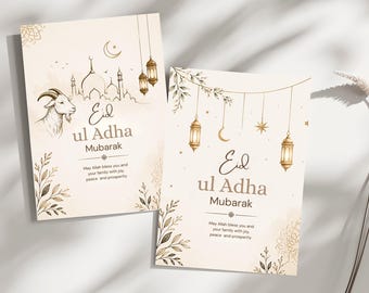 Tarjeta de Eid Ul Adha Mubarak para imprimir, plantilla de tarjeta de Eid editable, tarjeta de felicitación islámica, descarga digital de Eid Mubarak, tarjetas de Eid imprimibles