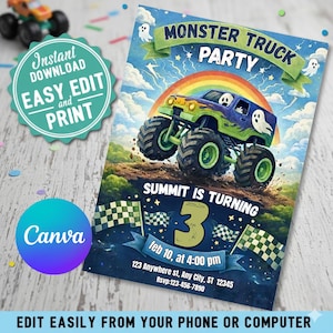May include: A Monster Truck Party invitation with a blue and green monster truck design, a rainbow, and ghost graphics. The invitation includes the text "Monster Truck Party", "Summit is turning 3", and event details. The invitation is easy to edit and print.