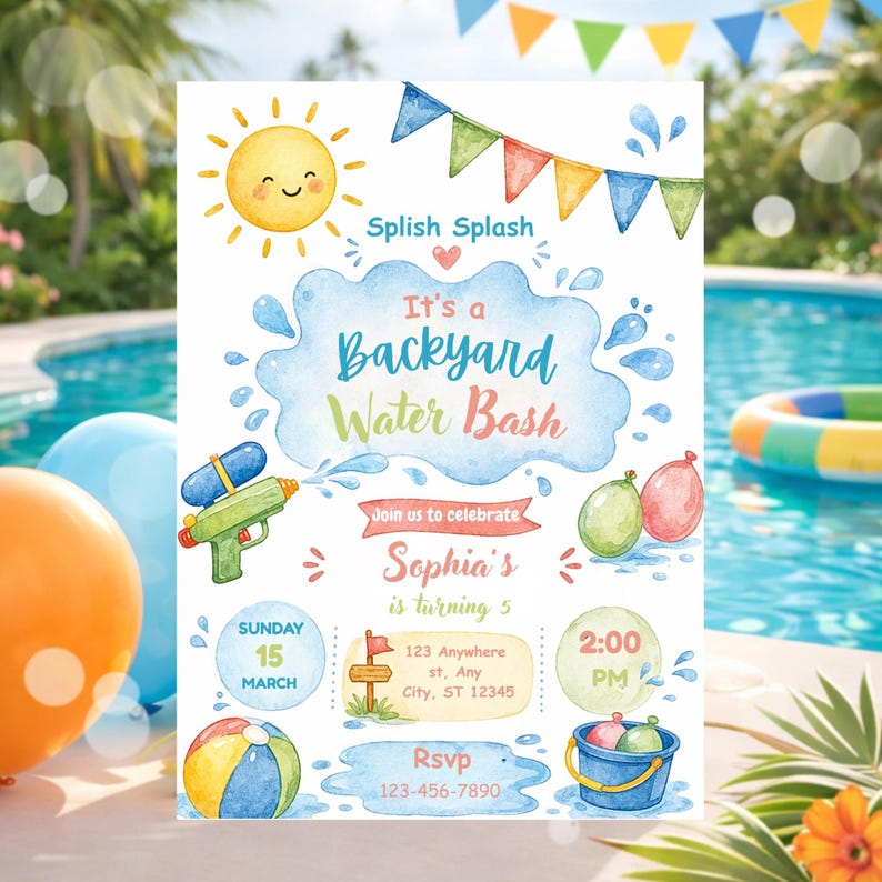 May include: Watercolor invitation for a backyard water bash. The invitation features a smiling sun, water splashes, and colorful balloons. Text includes "It's a Backyard Water Bash" and details for Sophia's 5th birthday party.