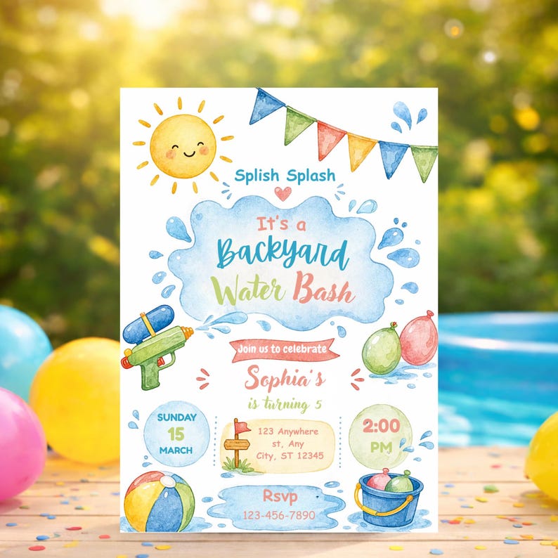 May include: Watercolor invitation for a backyard water bash. The invitation features a smiling sun, water splashes, a water gun, balloons, and a beach ball. Text includes "Splish Splash", "Backyard Water Bash", and party details.