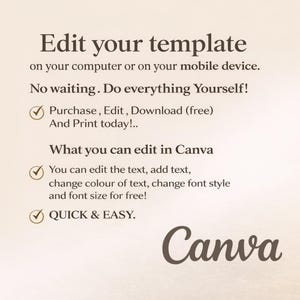 May include: A beige graphic with text that reads "Edit your template" and "Canva". The text explains how to edit templates on a computer or mobile device, with options to edit text, change colors, and download for free.