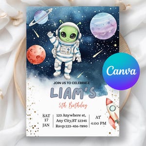 May include: A birthday invitation featuring a watercolor illustration of an alien in a spacesuit against a starry background. The invitation includes the text "Join us to celebrate Liam's 5th Birthday" and event details.