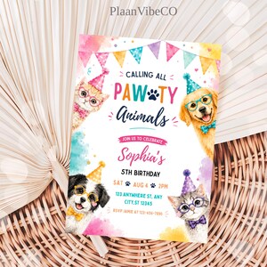 Editable Cats and Dogs Birthday Invitation Cat Dog Birthday Party Invite Girl , Puppy Birthday Party, Girl Birthday Canva Template