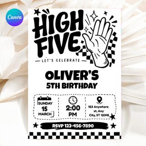 Editable High Five Birthday party Invitation, Hi Five 5th Birthday Party  Retro Checkered 5th Boy Party Invite (Editable Canva Template)