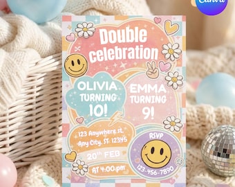 May include: A colorful invitation for a double birthday celebration. The design features a retro aesthetic with smiley faces, daisies, and hearts. The text reads "Double Celebration" with the names Olivia and Emma, turning 10 and 9, respectively.