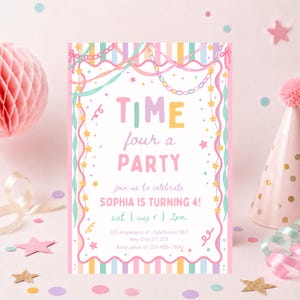 Pode incluir: Um cartão de convite retangular com um centro branco e uma borda de listras pastel. O texto diz: TIME four a PARTY, join us to celebrate SOPHIA IS TURNING 4!, sat | aug 4 | 2pm, 123 Anywhere st, Calefornia 567, Any City, ST 123, Rsvp jamie at 123-456-7890.
