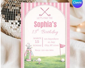 Pink Golf Birthday Invitation, Girl Golf Par-Tee Invite, Preppy Golf Birthday party invite, striped birthday invite, Editable Canva Invite