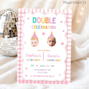 May include: A rectangular birthday invitation card with a pink and white gingham border. The text reads DOUBLE CELEBRATION, Sophia's 1ST BIRTHDAY, Rose's 2ND BIRTHDAY, SAT AUG 4 2PM, 123 ANYWHERE ST, ANY CITY, ST 12345, and RSVP JAMIE AT 123-456-7890.