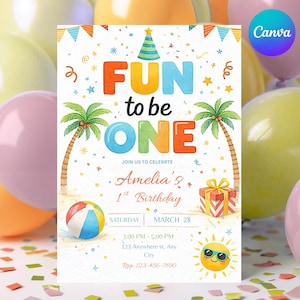 Puede incluir: Una colorida invitación de cumpleaños con el texto "FUN to be ONE". El diseño incluye palmeras, un balón de playa, un regalo y el texto "Amelia's 1st Birthday". También se incluye la fecha y la hora.