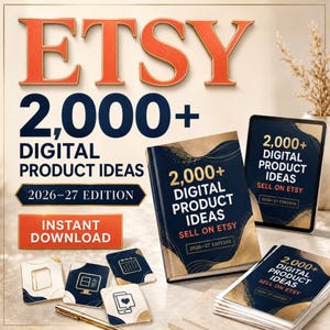 May include: A collection of digital product resources featuring the text 2,000+ DIGITAL PRODUCT IDEAS 2026-27 EDITION. The set includes a bound book, a tablet display, a stack of cards, and individual square cards with icons on a light surface.