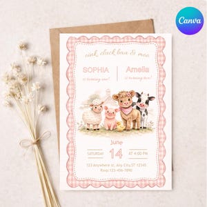 May include: A pink and white gingham-framed invitation with watercolor illustrations of farm animals. The text reads "oink, cluck, baa & moo" and announces a birthday party for Sophia and Amelia. The date is June 14th at 4:00 PM.