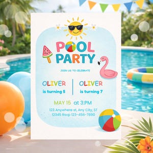 Puede incluir: Una invitación a una fiesta en la piscina con un diseño soleado. La invitación presenta el texto "POOL PARTY" en letras coloridas, junto con un helado de sandía, un balón de playa y un flamenco rosa. La invitación es para Oliver, que cumple 5 y 7 años.