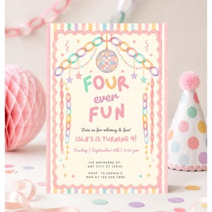 May include: A rectangular birthday invitation card with a scalloped border and pastel striped edges. The design features a central disco ball, hanging paper chains, and stars. Text reads: Four ever FUN, Join us for whimsy & fun! ISLA'S IS TURNING 4!, Sunday, September 9th, 2:30 pm, 123 ANYWHERE ST. ANY CITY. ST 12345, RSVP: TO SOPHIA'S MOM AT 123.456.7890.